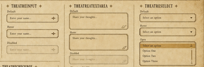 Generated board showing old-paper input, select, and textarea controls