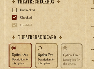 Generated board showing checkbox and radio card theatre variants