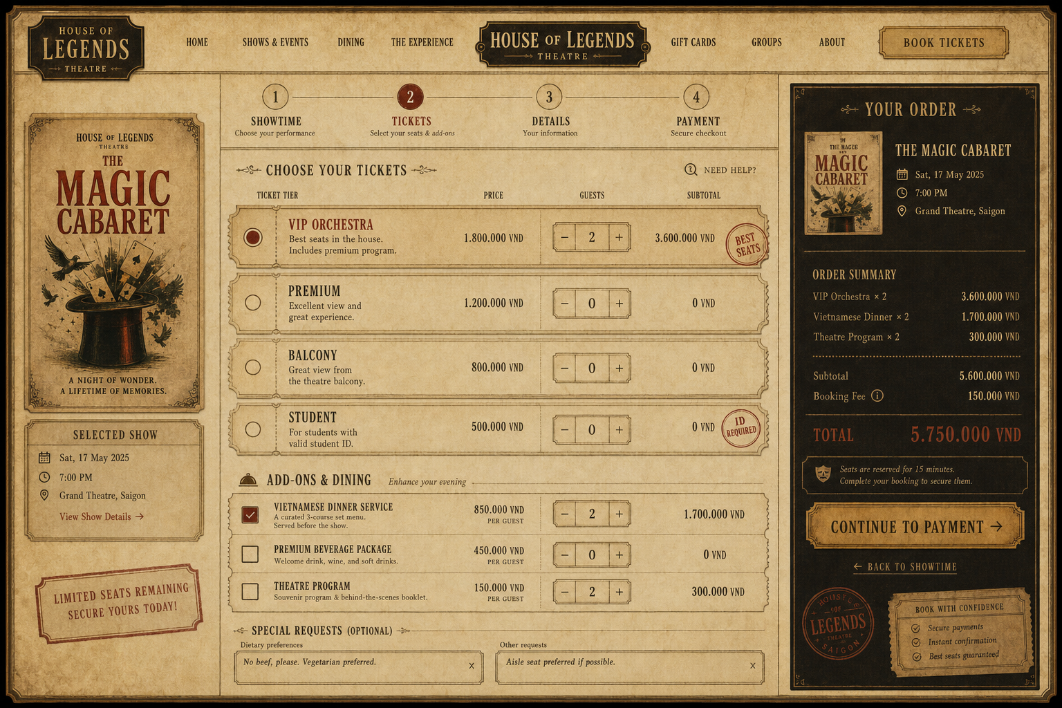 Old-paper theatre booking flow experience board