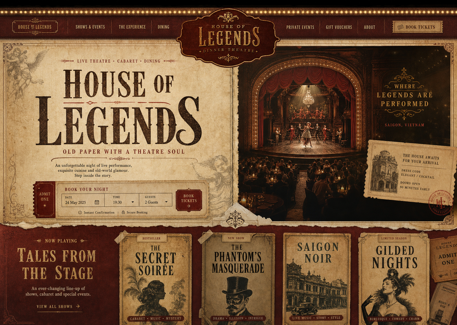 Old-paper theatre homepage programme experience board