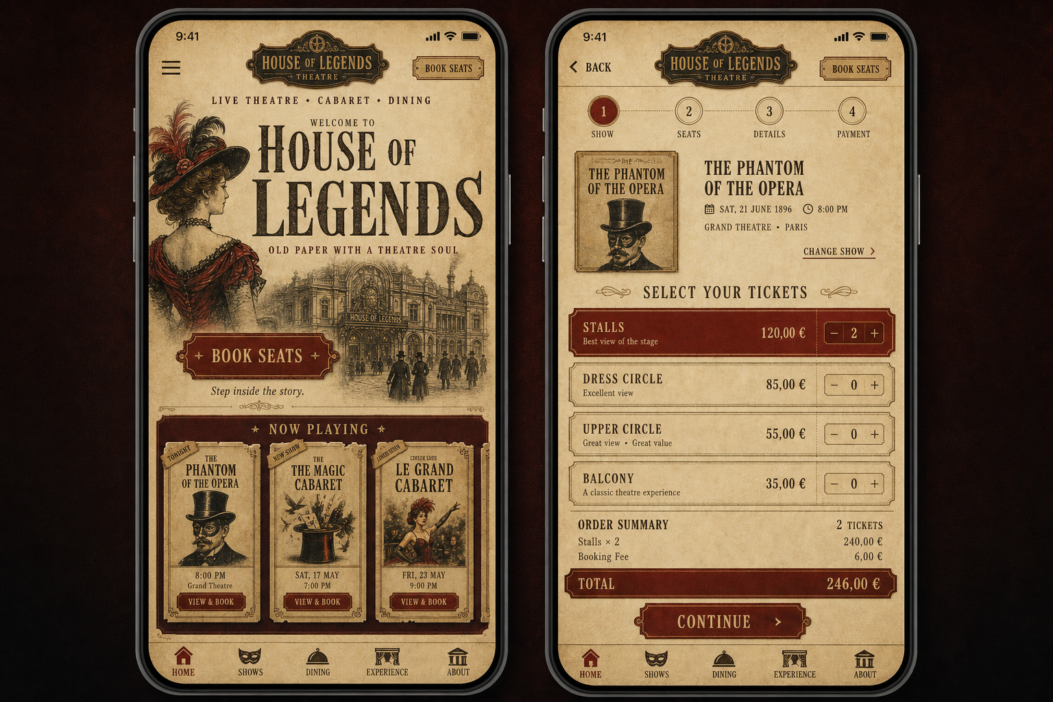 Old-paper theatre mobile guest journey board